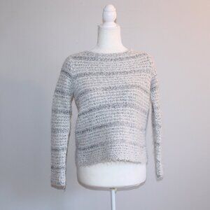 LOFT Fluffy Blended Knit Sweater Size Small in Gray and White Stripes